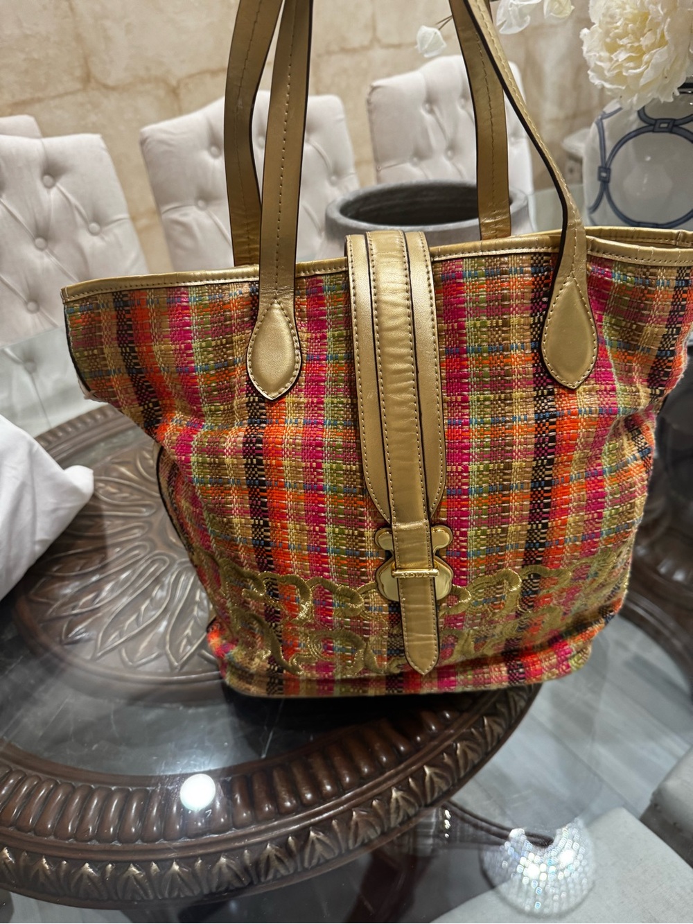 Tous Multicolor Woven Tote with Tan Trim comes with Dust Bag